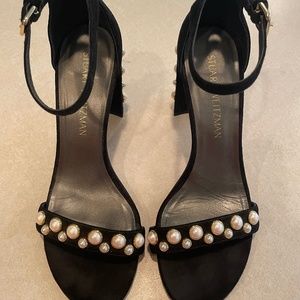 Stuart Weitzman Morepearls Black Suede Block Heels Size 7M
